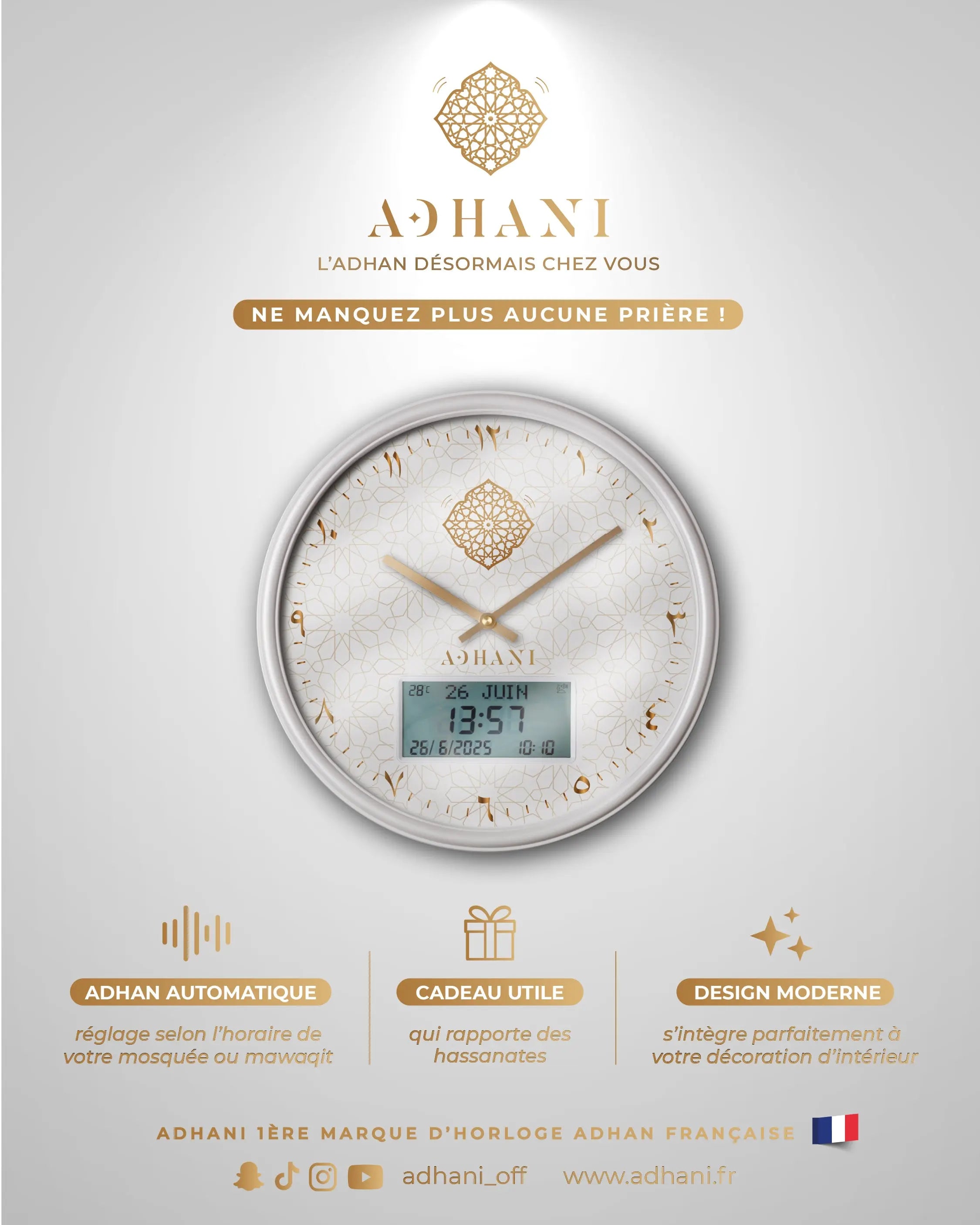 Horloge Adhan design moderne - Blanche dorée - Chiffres indiens ADHANI