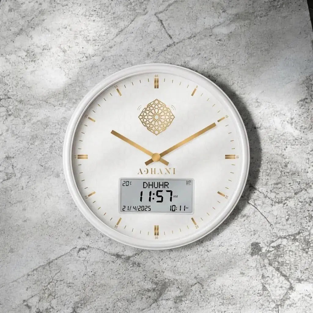 Horloge Adhan design moderne - Blanche dorée - Chiffres romains ADHANI