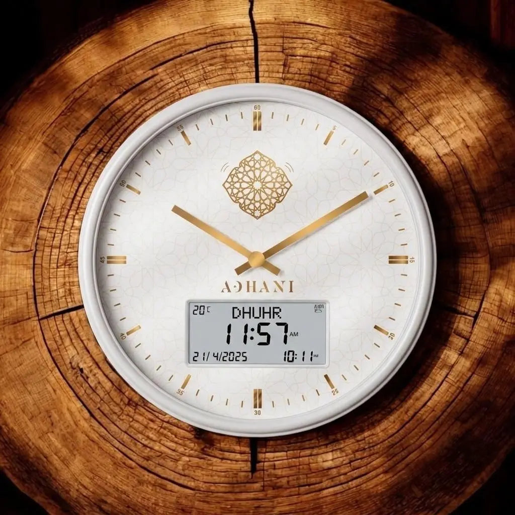 Horloge Adhan design moderne - Blanche dorée - Chiffres romains ADHANI