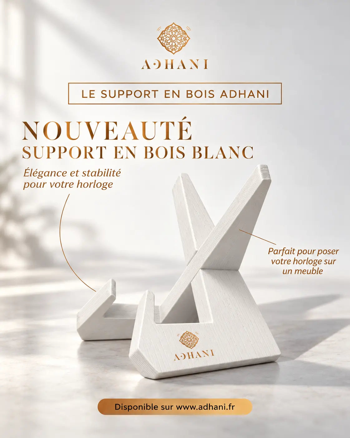 Support horloge adhan en bois blanc Adhani