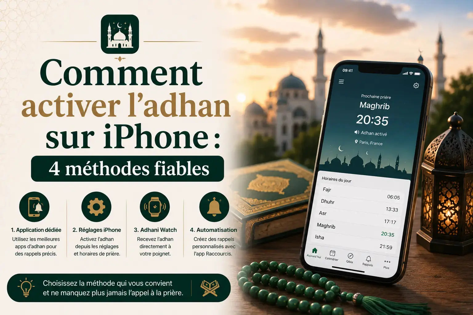 Activer l'adhan sur iPhone : 4 méthodes testées (Muslim Pro, Pillars, raccourci Siri, horloge dédiée). Guide étape par étape, limites iOS et solutions.