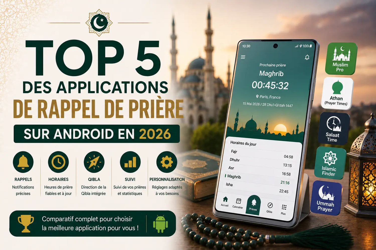 Top 5 des applications de rappel de prière sur Android en 2026