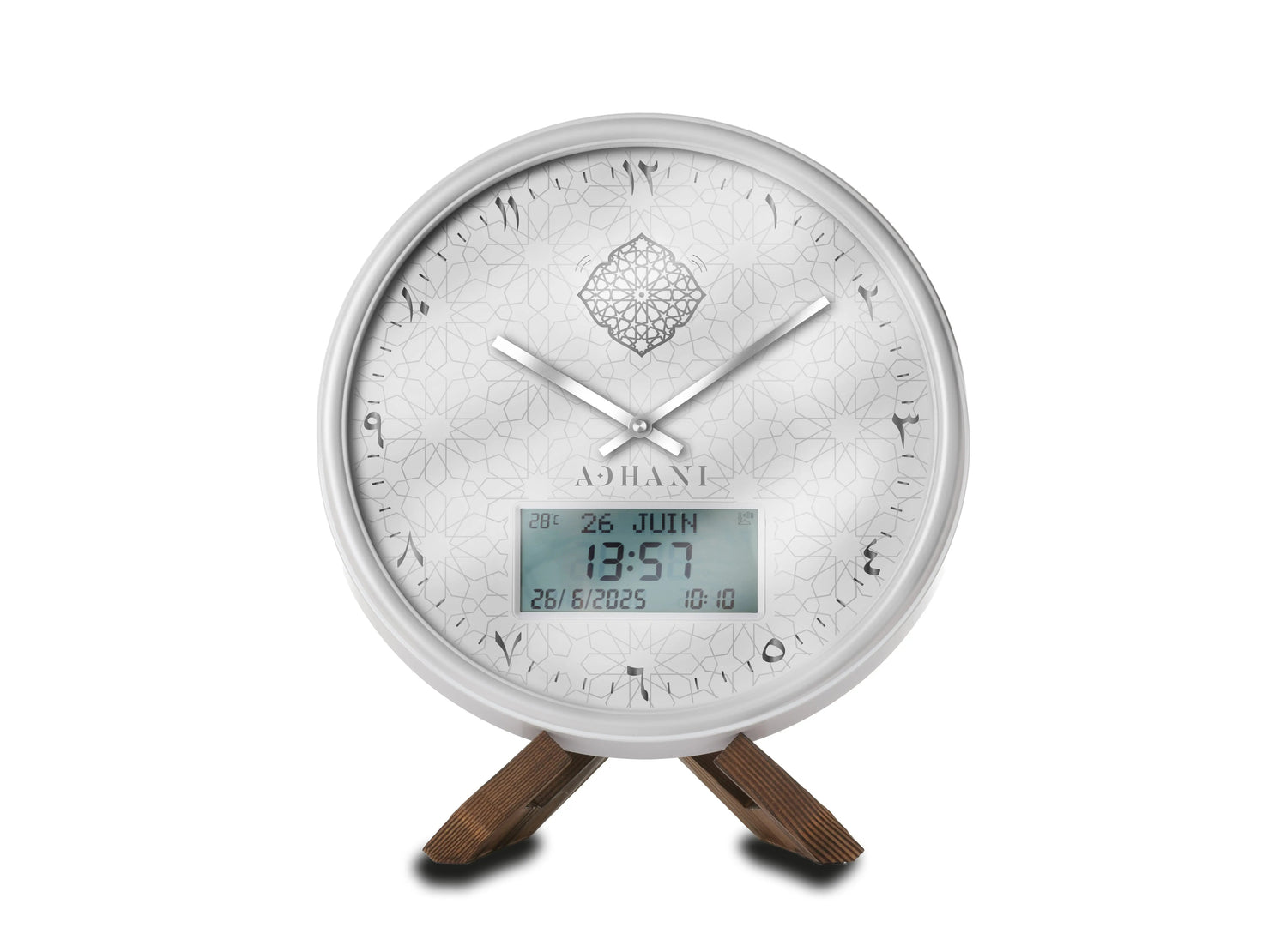 Horloge Adhan design moderne - Blanche argentée - Chiffres indiens ADHANI