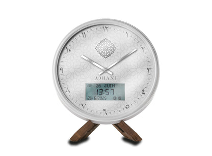 Horloge Adhan design moderne - Blanche argentée - Chiffres indiens ADHANI