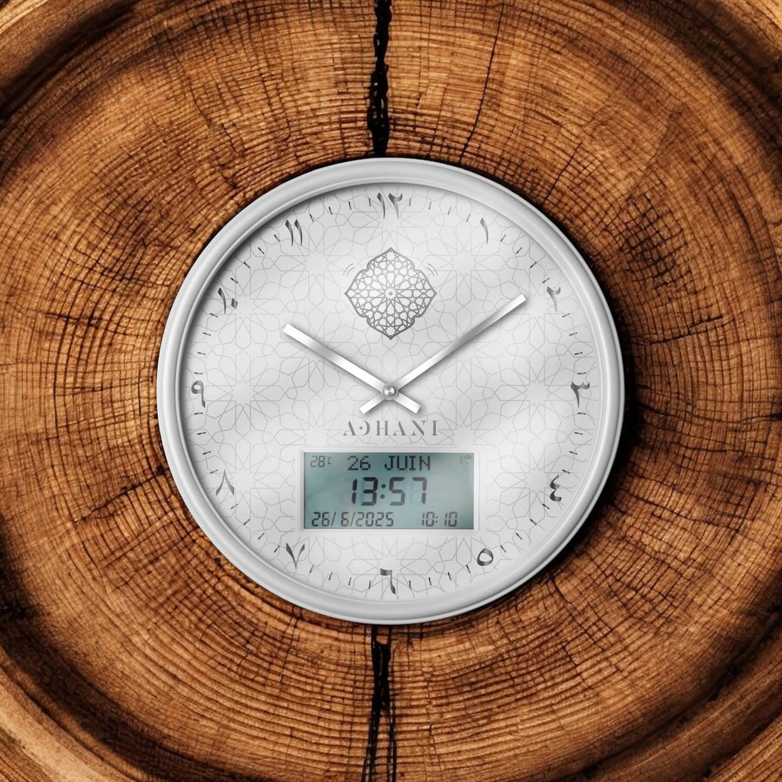 Horloge Adhan design moderne - Blanche argentée - Chiffres indiens ADHANI