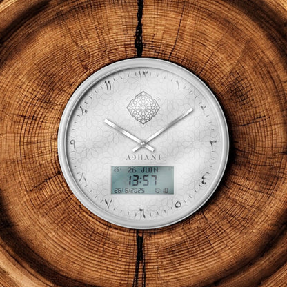 Horloge Adhan design moderne - Blanche argentée - Chiffres indiens ADHANI