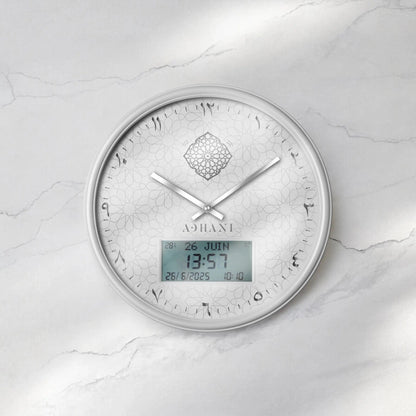 Horloge Adhan design moderne - Blanche argentée - Chiffres indiens ADHANI