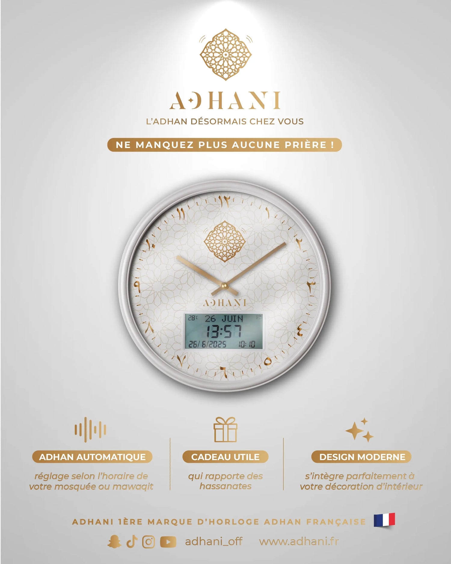 Horloge Adhan design moderne - Blanche dorée - Chiffres indiens ADHANI