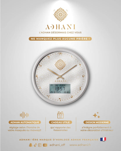 Horloge Adhan design moderne - Blanche dorée - Chiffres indiens ADHANI