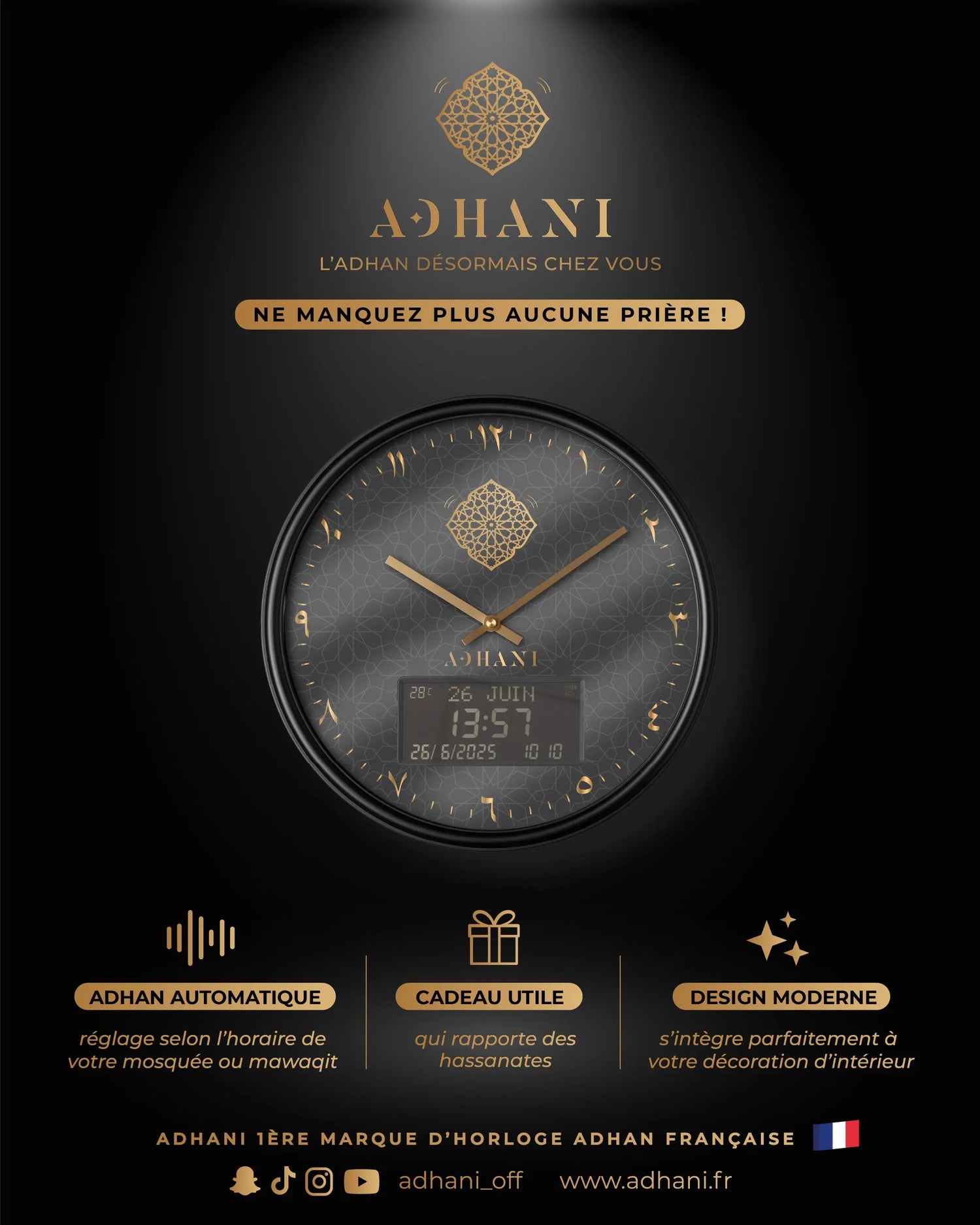 Horloge Adhan design moderne - Noire - Chiffres indiens ADHANI