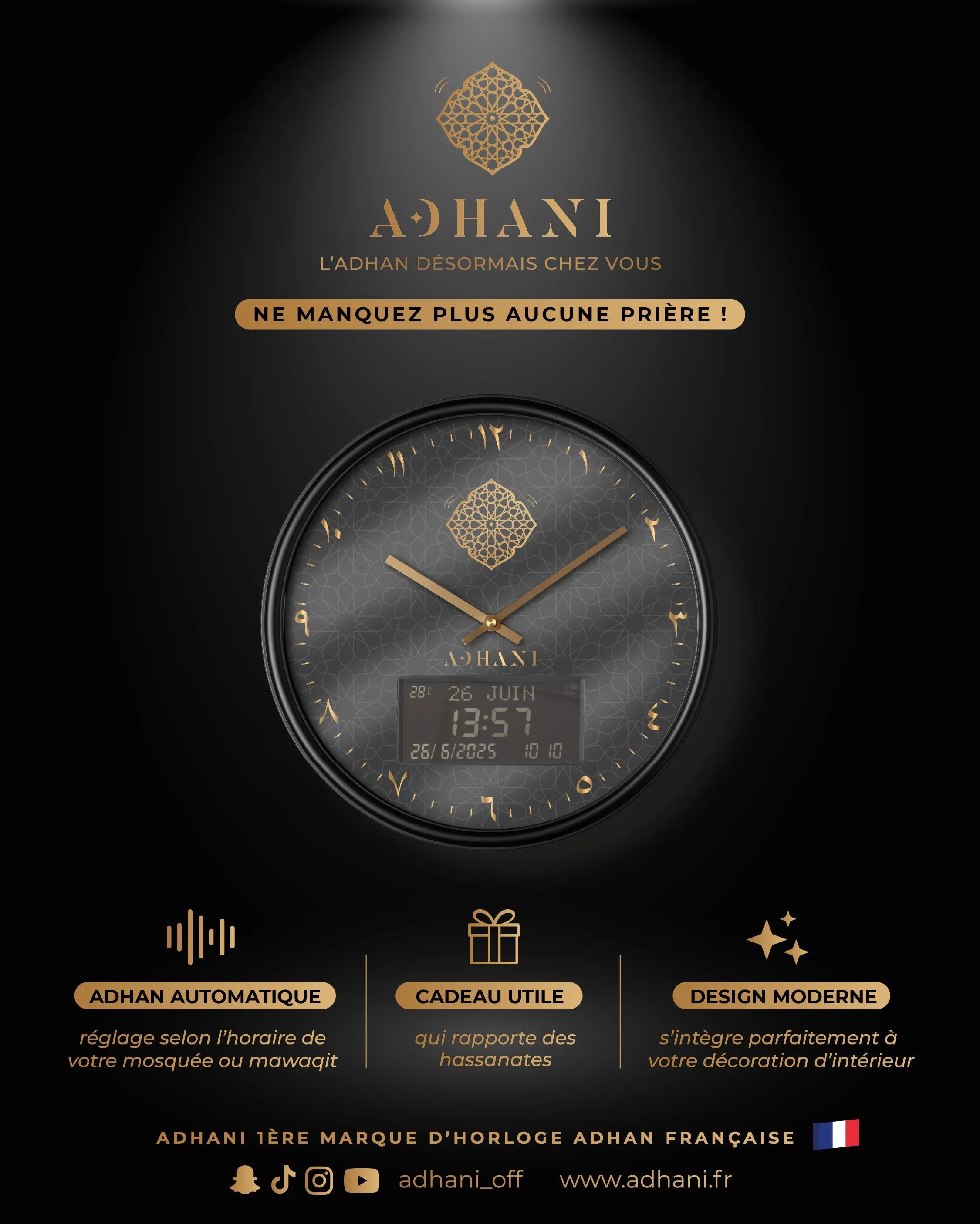 Horloge Adhan design moderne - Noire - Chiffres indiens ADHANI