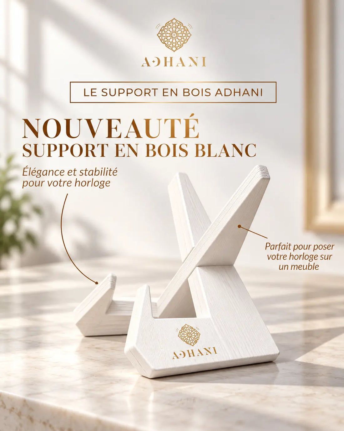 Support horloge adhan en bois blanc Adhani